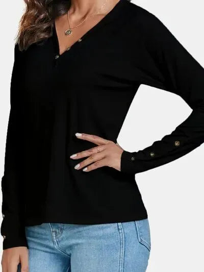 Decorative Button V-Neck Long Sleeve T-Shirt Women's T-Shirts - Tophatter Daily Deals